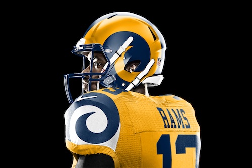 Lot Detail - C.1948 LOS ANGELES RAMS PROFESSIONAL MODEL GAME WORN HELMET  WITH ORIGINAL BLUE AND YELLOW PAINT - FIRST APPEARANCE OF YELLOW HORNS  PAINTED BY FRED GEHRKE