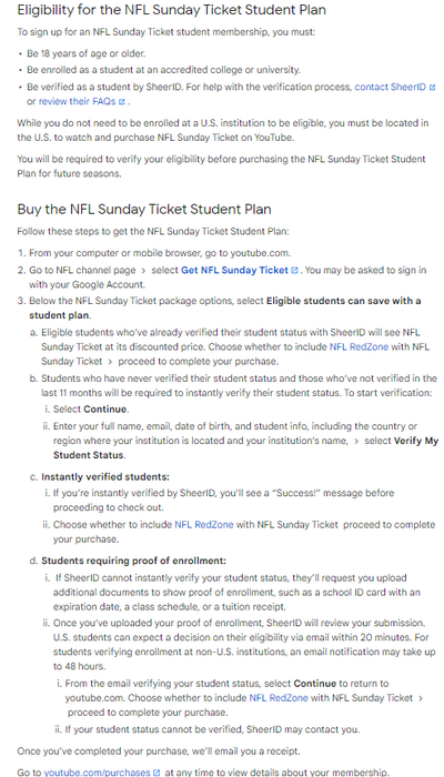 Sunday Ticket Student Discount - $109