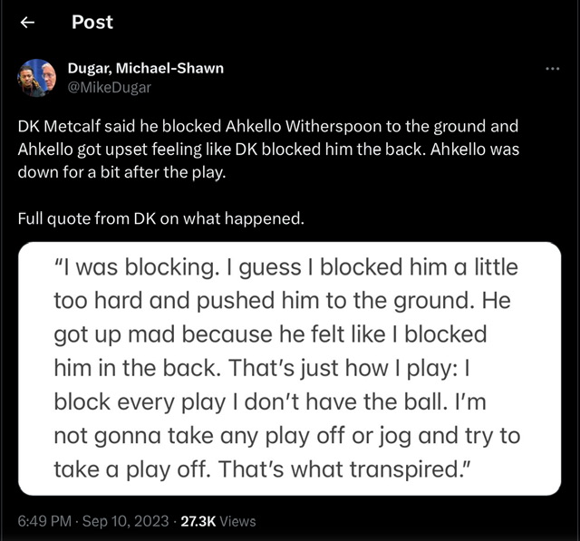 DK Metcalf Should Be Suspended For His Cheap Shot on Ahkello Witherspoon